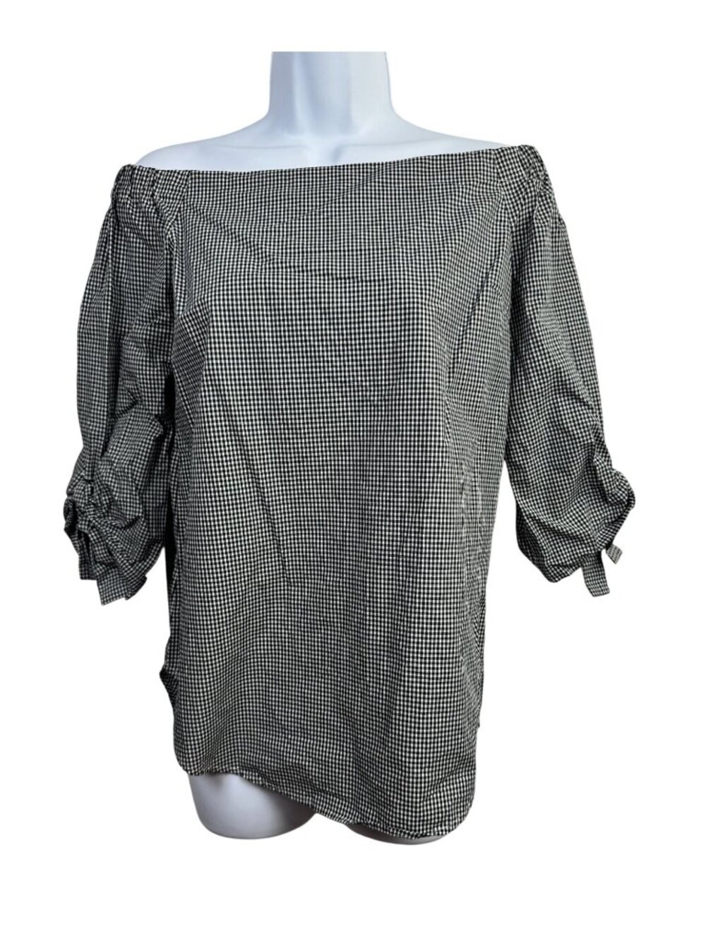 Babaton Black White Gingham Off-The-Shoulder Top 3/4 Sleeve Women XS feminine